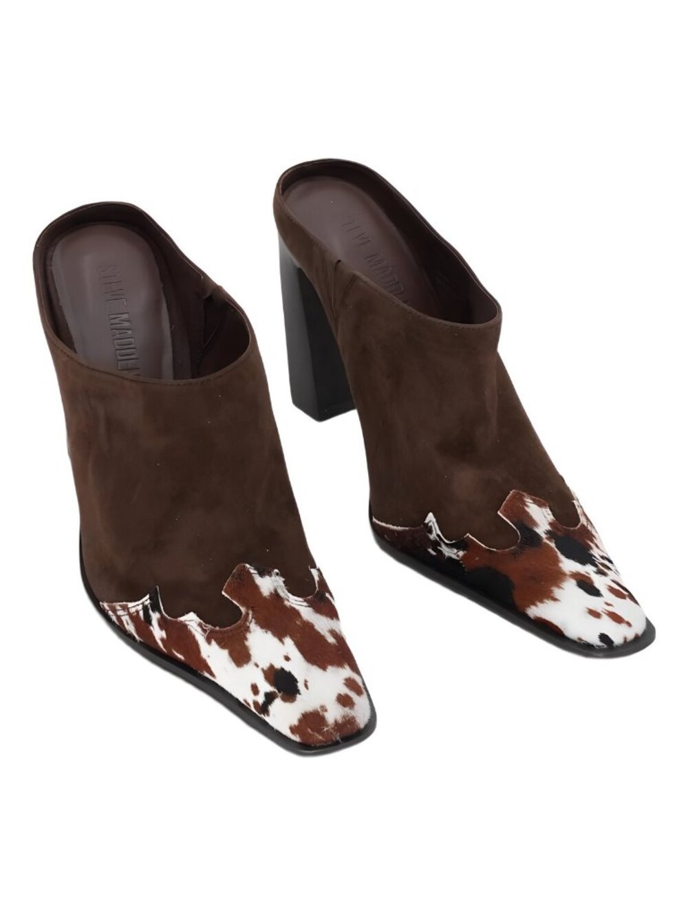 Steve Madden Houston Western Mule Heels Brown Cow-Print Snip Toe US 7.5 M
